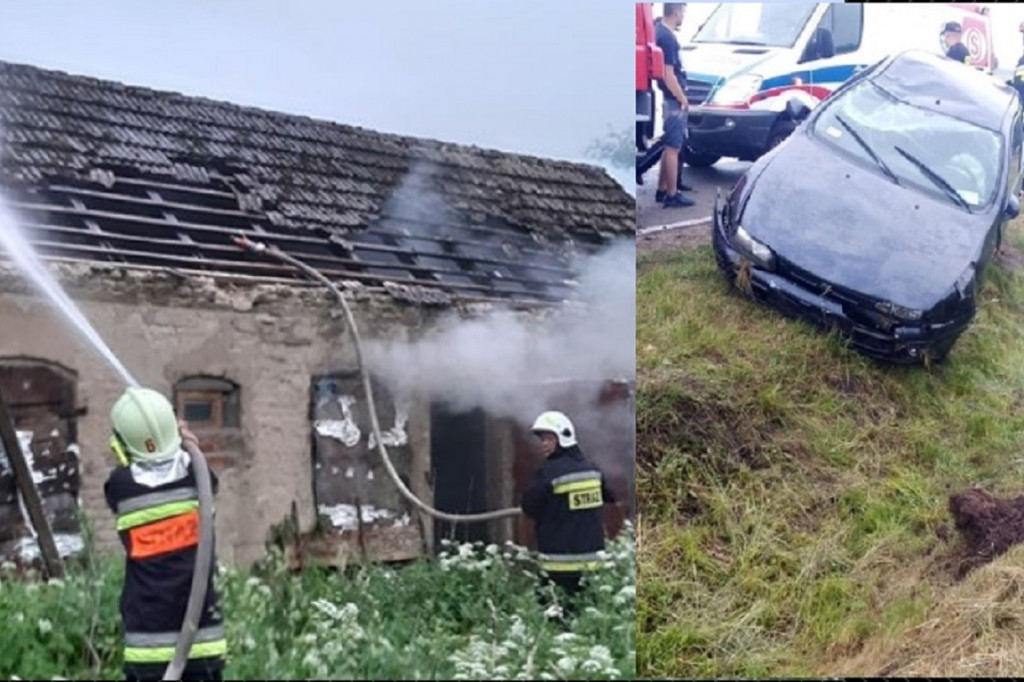 OSP w akcji. Płonąca szopa i fiat w rowie