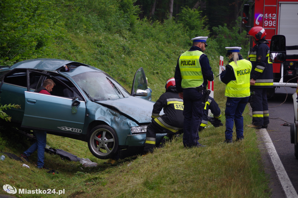 Dachowanie w Przęsinie. Kierowca audi wjechał do rowu