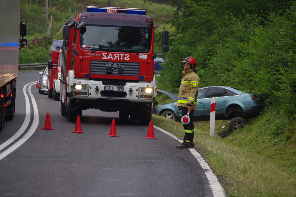 Dachowanie w Przęsinie. Kierowca audi wjechał do rowu