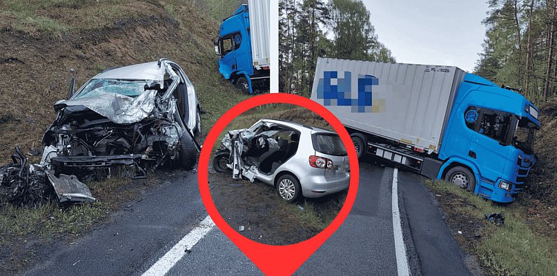 Czołowe zderzenie osobówki z ciężarówką na DK21. 20-latek trafił do szpitala